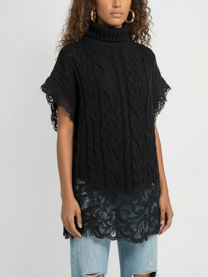 Sleeveless Turtleneck Cable-Knit Sweater with Lace Trim