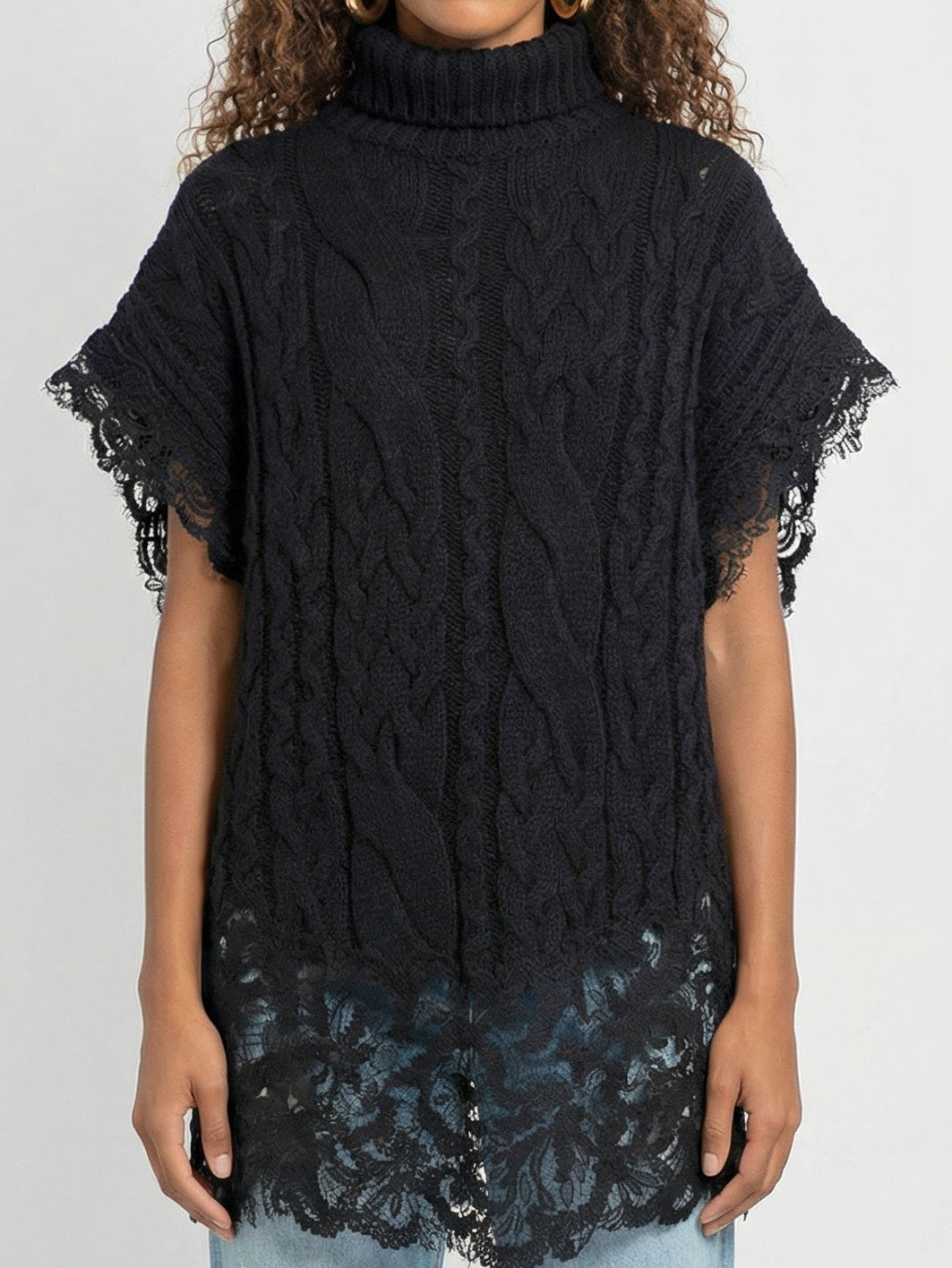 Sleeveless Turtleneck Cable-Knit Sweater with Lace Trim