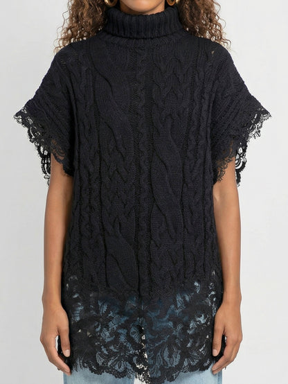 Sleeveless Turtleneck Cable-Knit Sweater with Lace Trim