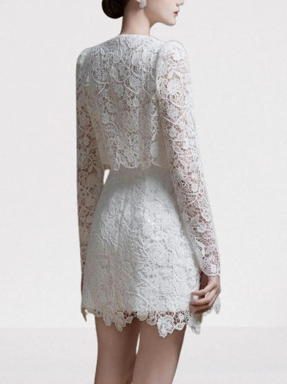Sleeveless White Lace Mini Dress and Cropped Jacket - Dresses