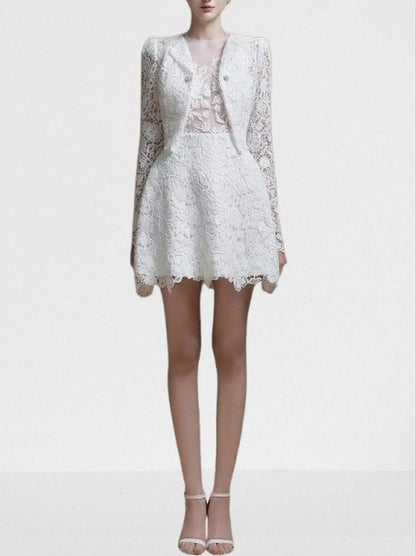 Sleeveless White Lace Mini Dress and Cropped Jacket - Dresses