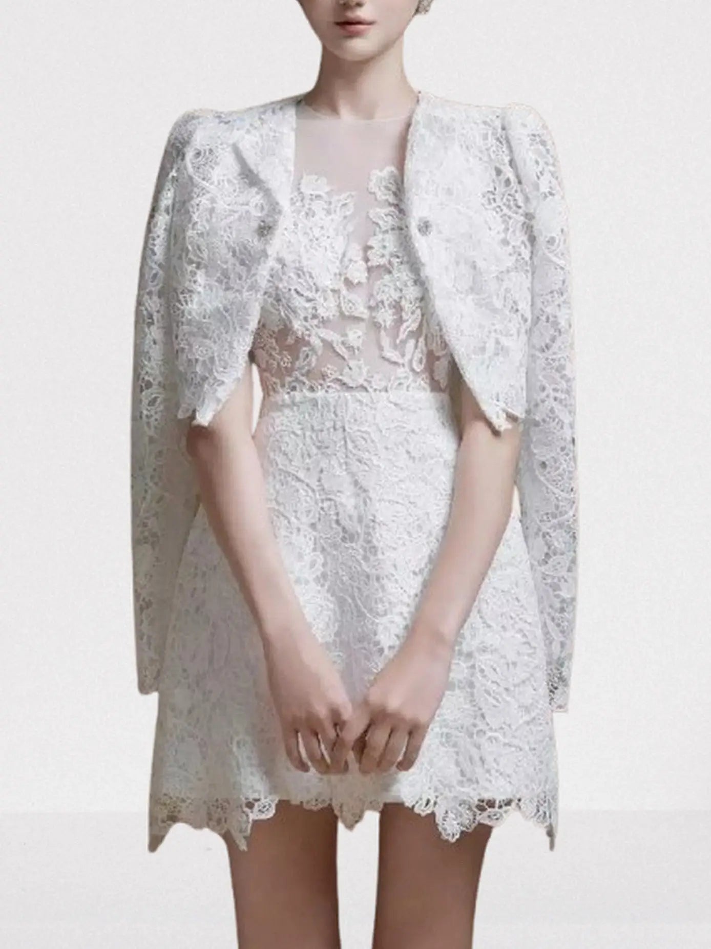 Sleeveless White Lace Mini Dress and Cropped Jacket - Dresses