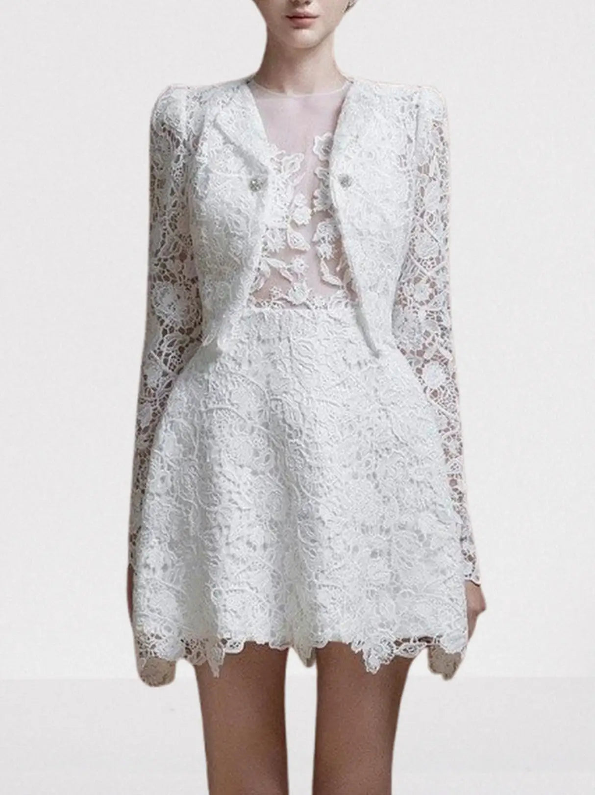 Sleeveless White Lace Mini Dress and Cropped Jacket - Dresses