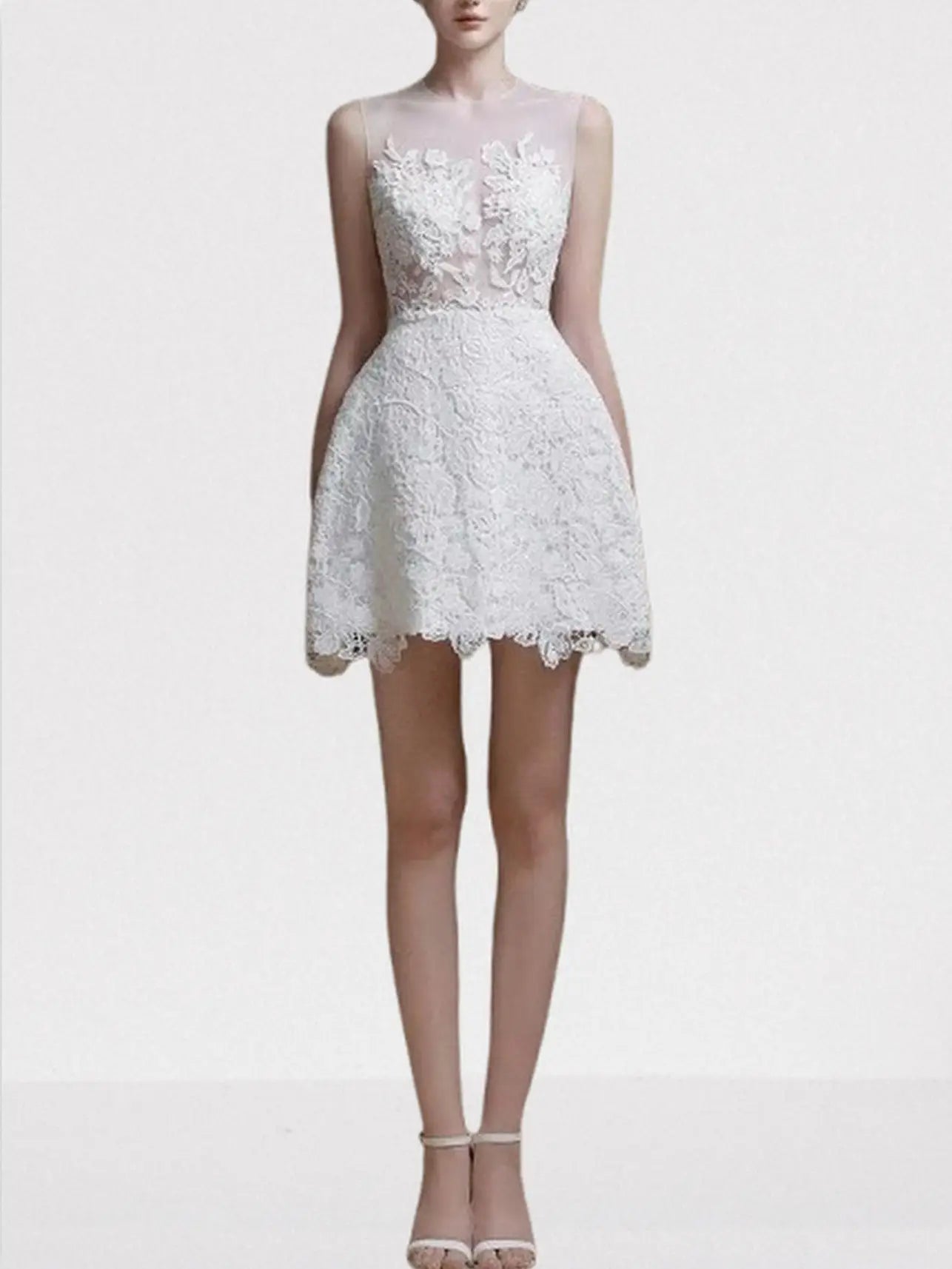 Sleeveless White Lace Mini Dress and Cropped Jacket - Dresses