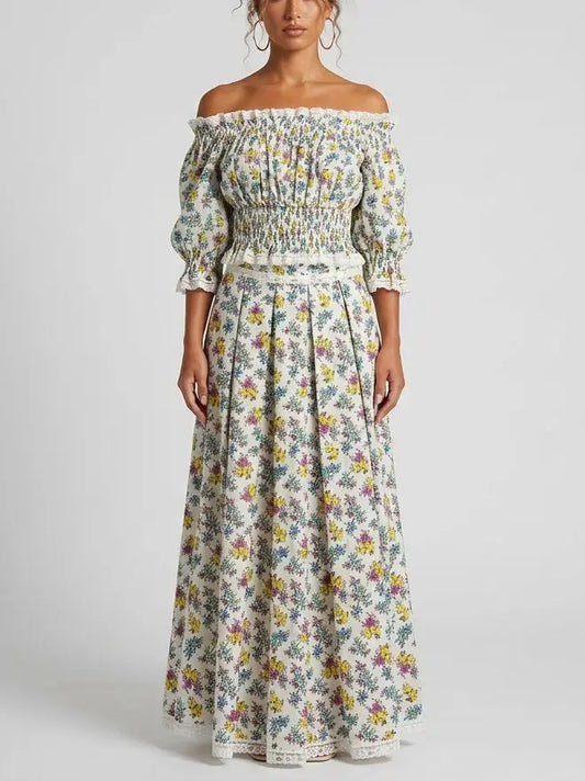 Smocked Off-Shoulder Floral Top and Maxi Skirt Set - S - Suits & Sets