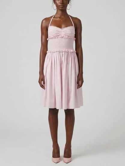 Smocked Waist Cotton Halter Midi Dress - Small / Light Pink - Dresses