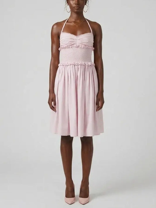 Smocked Waist Cotton Halter Midi Dress - Small / Light Pink - Dresses
