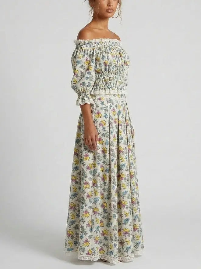 Smocked Off-Shoulder Floral Top and Maxi Skirt Set - Suits & Sets