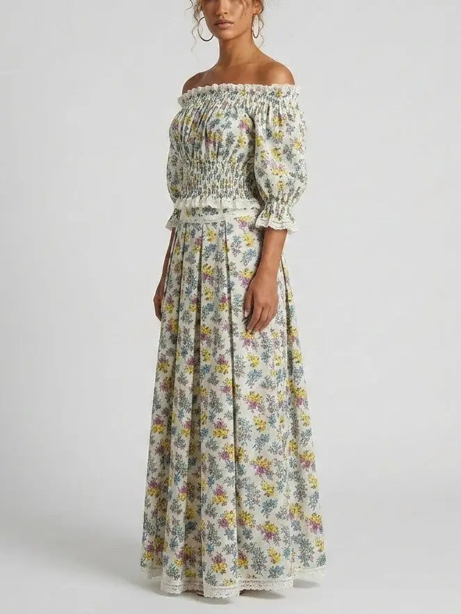 Smocked Off-Shoulder Floral Top and Maxi Skirt Set - Suits & Sets