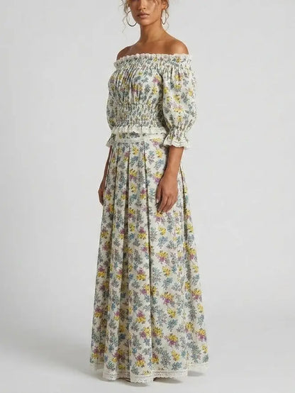 Smocked Off-Shoulder Floral Top and Maxi Skirt Set - Suits & Sets