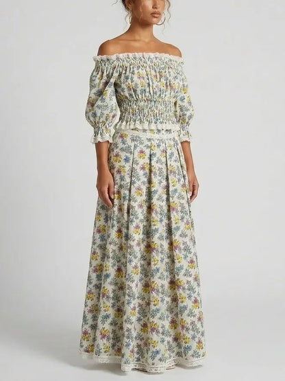 Smocked Off-Shoulder Floral Top and Maxi Skirt Set - Suits & Sets