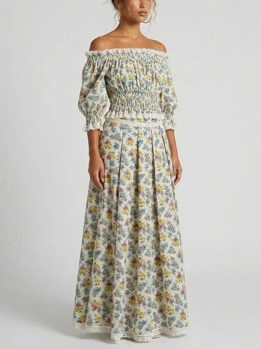 Smocked Off-Shoulder Floral Top and Maxi Skirt Set - Suits & Sets