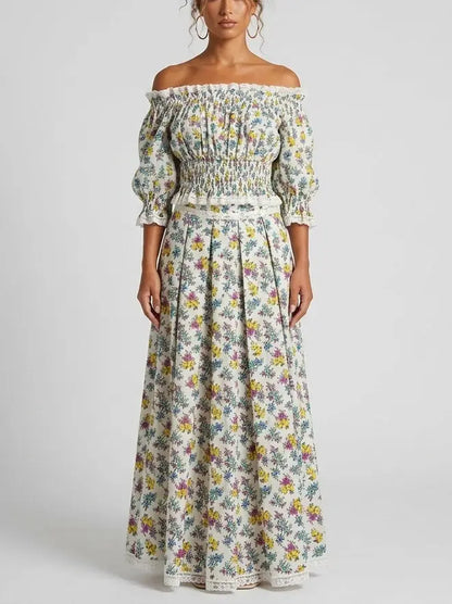 Smocked Off-Shoulder Floral Top and Maxi Skirt Set - Suits & Sets