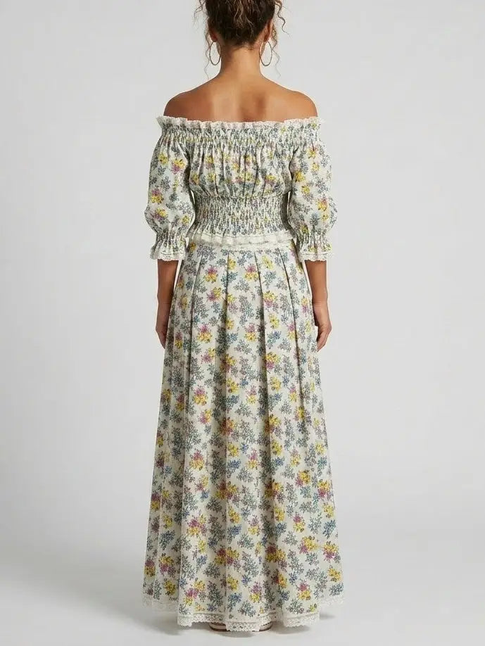 Smocked Off-Shoulder Floral Top and Maxi Skirt Set - Suits & Sets