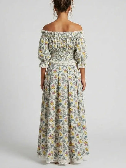 Smocked Off-Shoulder Floral Top and Maxi Skirt Set - Suits & Sets