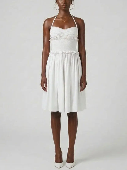Smocked Waist Cotton Halter Midi Dress - Small / White - Dresses