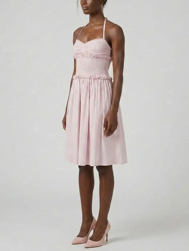 Smocked Waist Cotton Halter Midi Dress - Dresses
