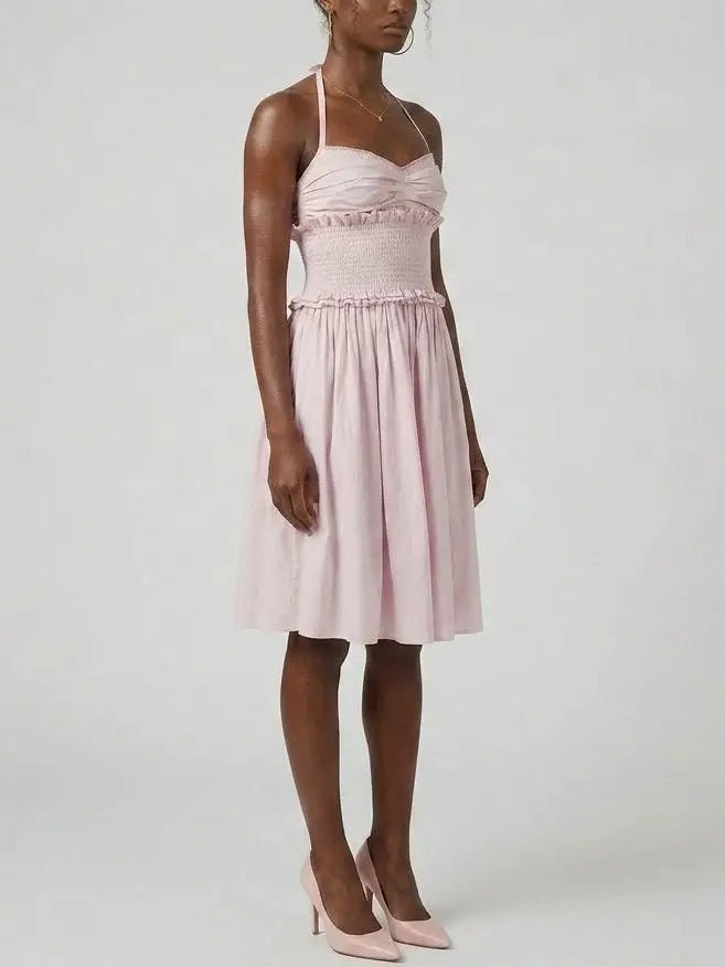 Smocked Waist Cotton Halter Midi Dress - Dresses