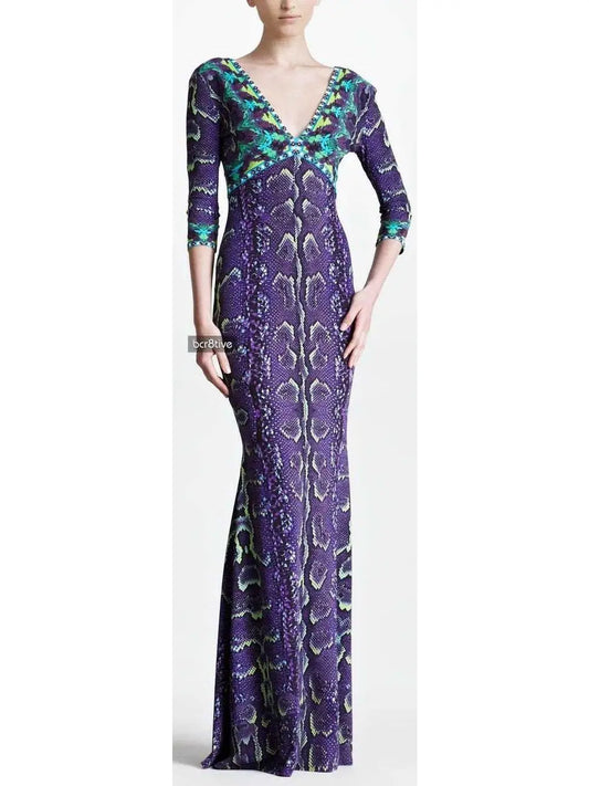 Snake Print V-Neck Jersey Silk Gown-Violet - Branna Couture