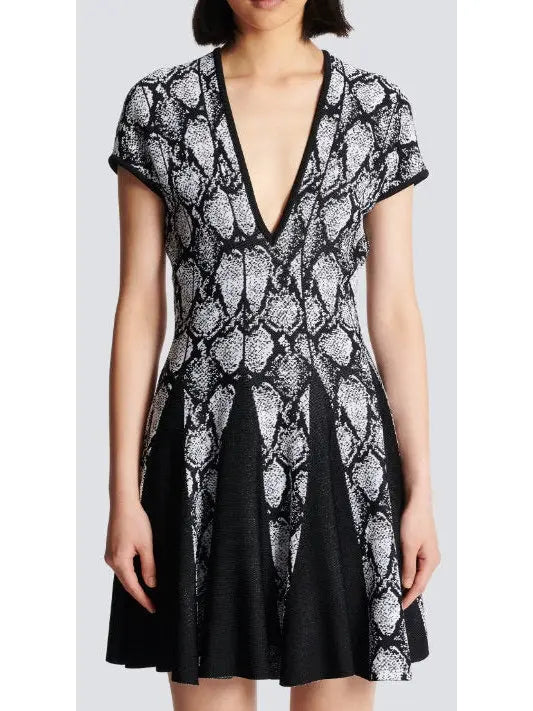 Snakeskin Printed Jacquard V-Neck Dress - Branna Couture