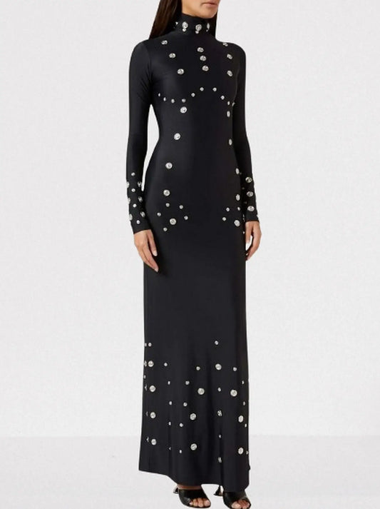 Snap-Embellished Stretch Long-Sleeve Maxi Dress - XS / Black - Dresses