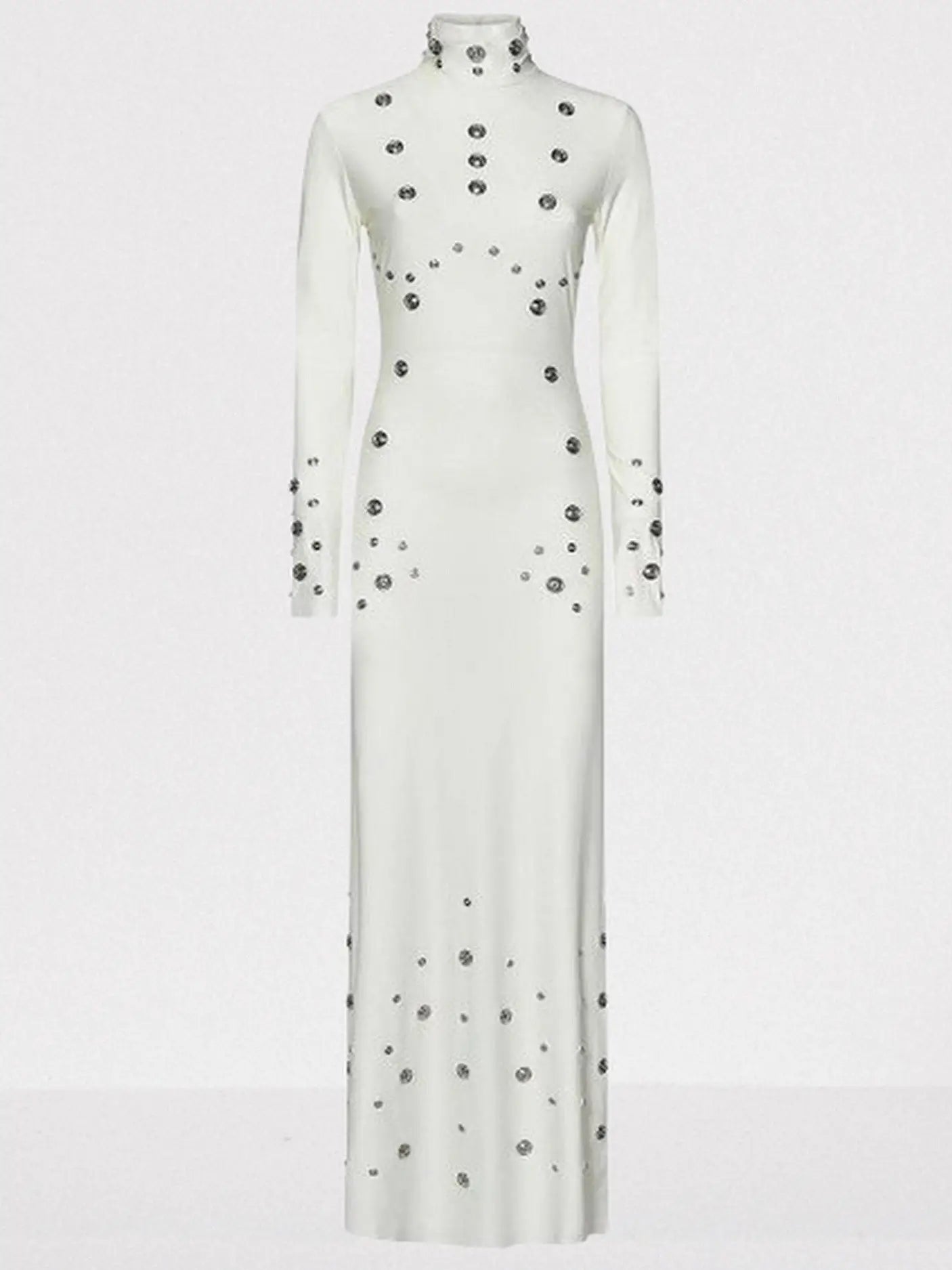 Snap-Embellished Stretch Long-Sleeve Maxi Dress - XS / White - Dresses