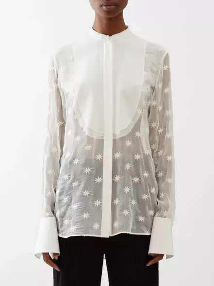 Star-Embroidery Silk-Mousseline Sheer Blouse - Branna Couture