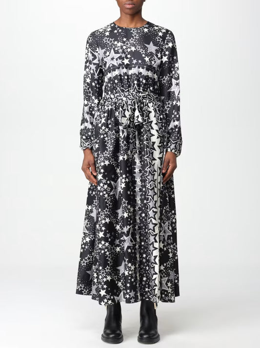 Women’s Star Print Long Silk Dress in Black, White and Gray Branna Couture