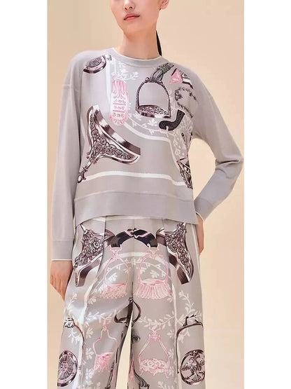 Stirrups Printed Long-Sleeve Sweater in Gray - Branna Couture