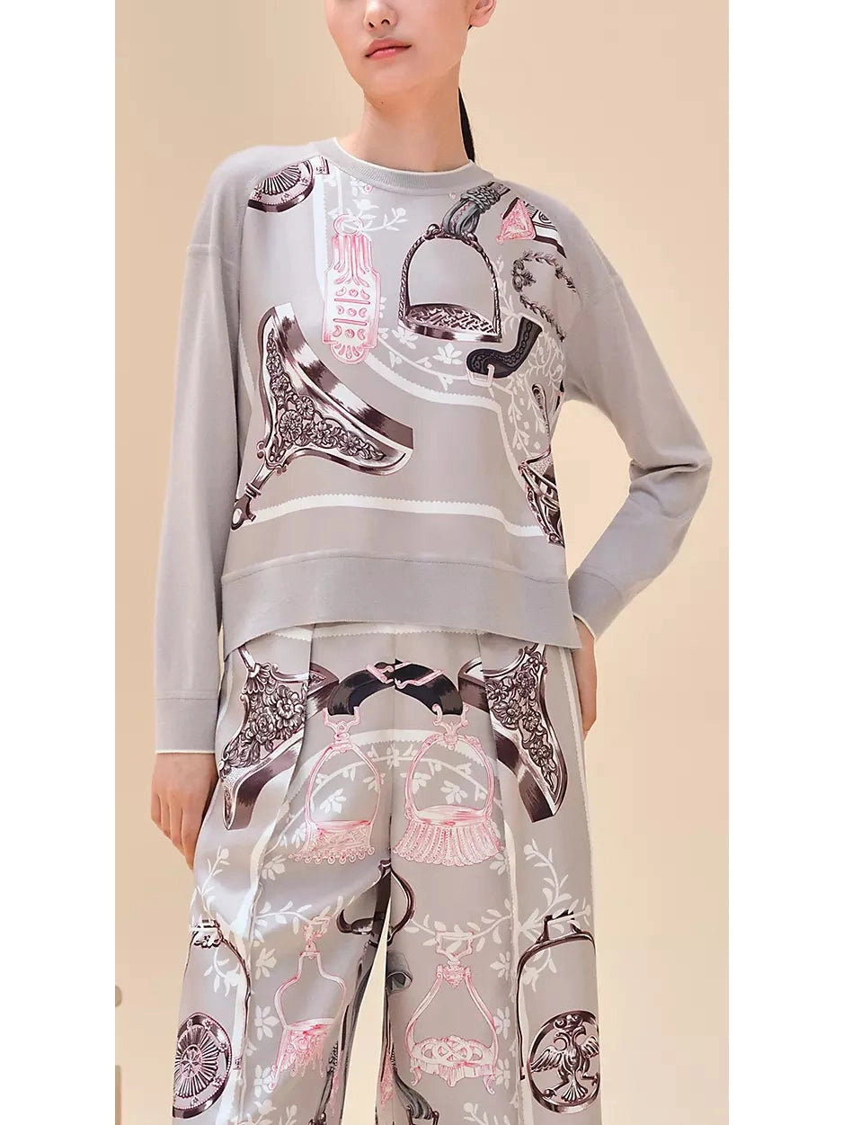 Stirrups Printed Long-Sleeve Sweater in Gray - Branna Couture