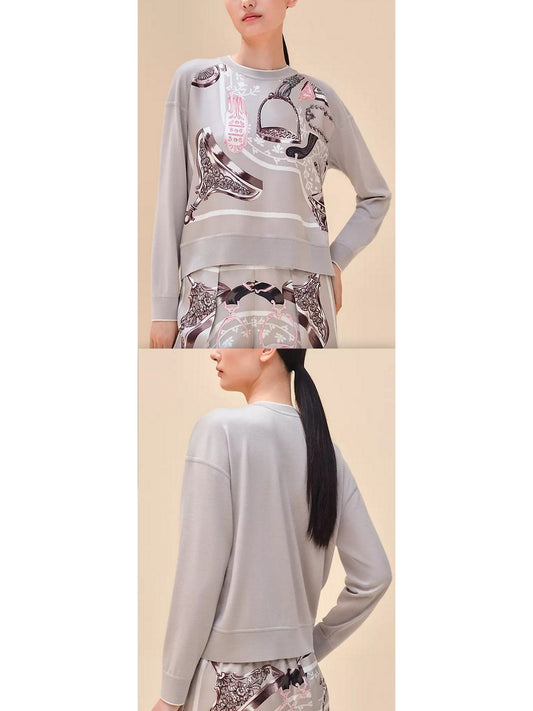 Stirrups Printed Long-Sleeve Sweater in Gray - Branna Couture