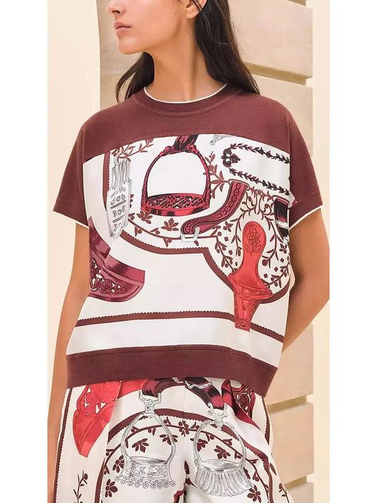 Stirrups Printed Short-Sleeve Sweater - Branna Couture