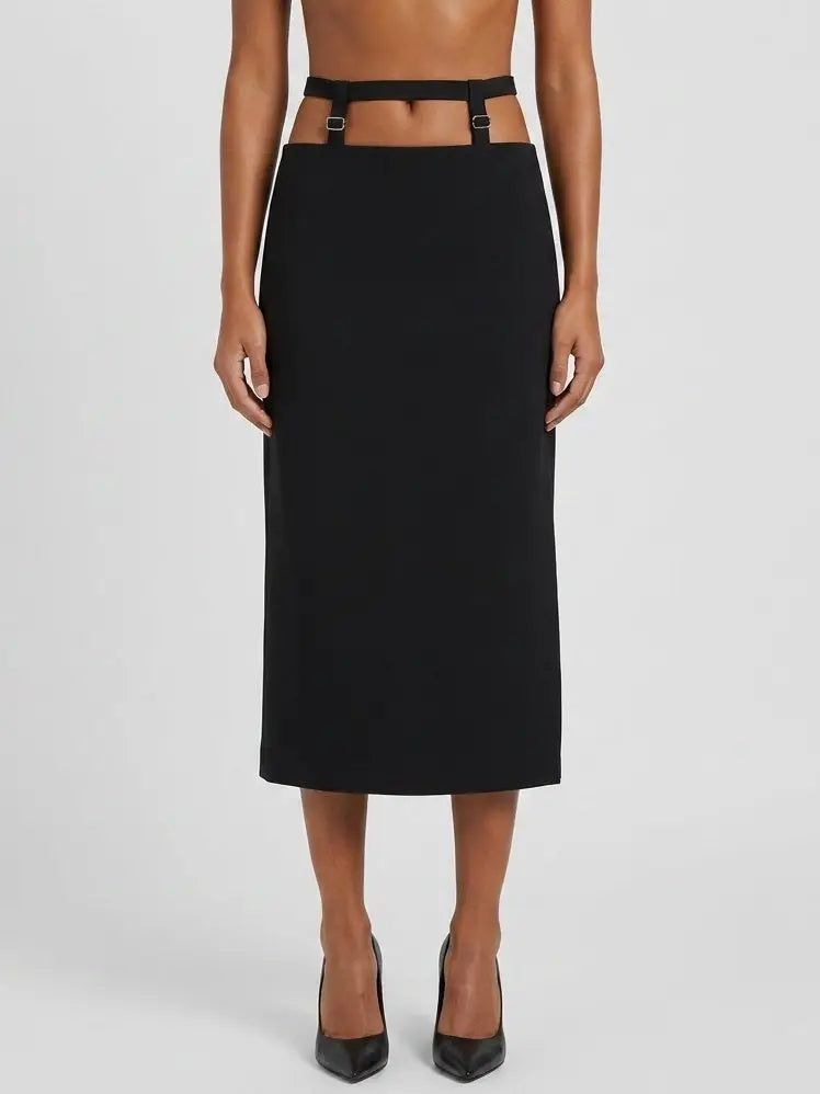Strap Detail High Waist Midi Pencil Skirt - Small / Black - Skirts