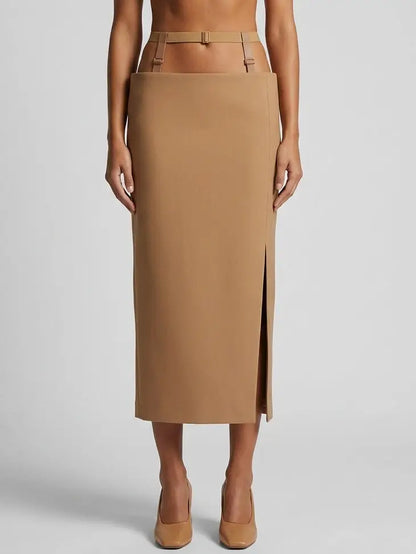 Strap Detail High Waist Midi Pencil Skirt - Small / Camel - Skirts