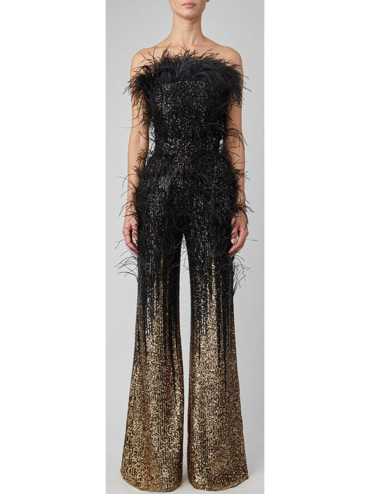 Strapless Sequin and Feather Jumpsuit - Branna Couture