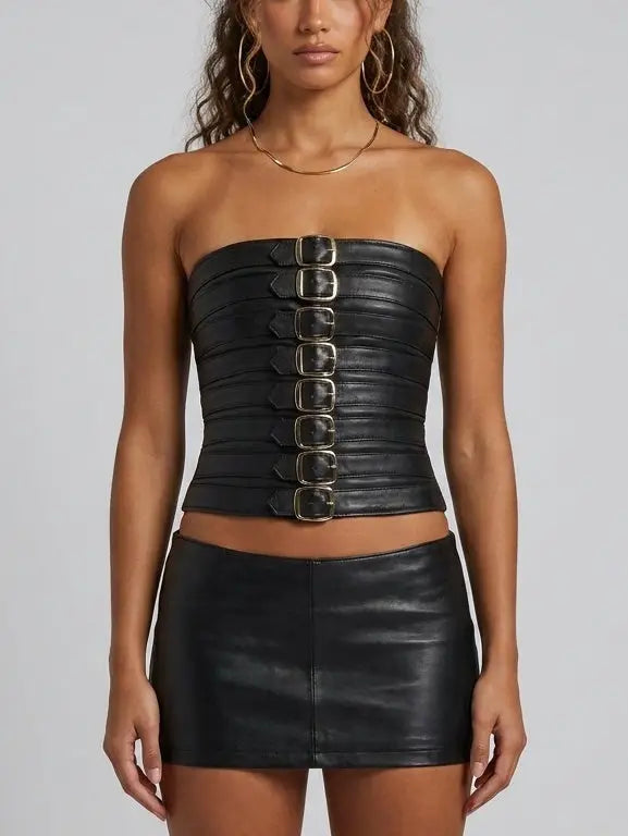 Strapless Black Leather Bustier Top with Buckle Details - S - Tops