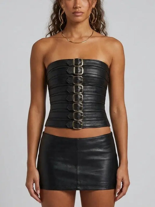 Strapless Black Leather Bustier Top with Buckle Details - S - Tops