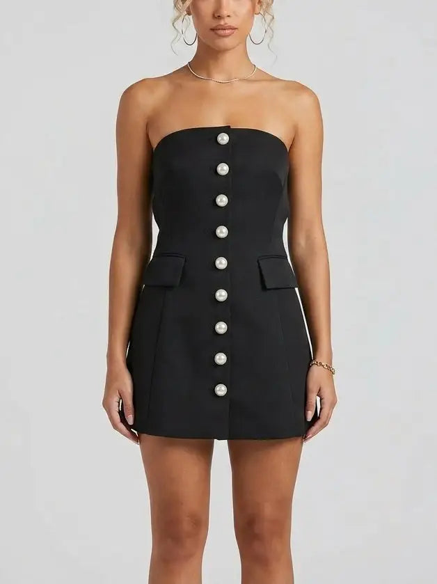 Strapless Black Mini Dress with Pearl Button Detail - Small - Dresses