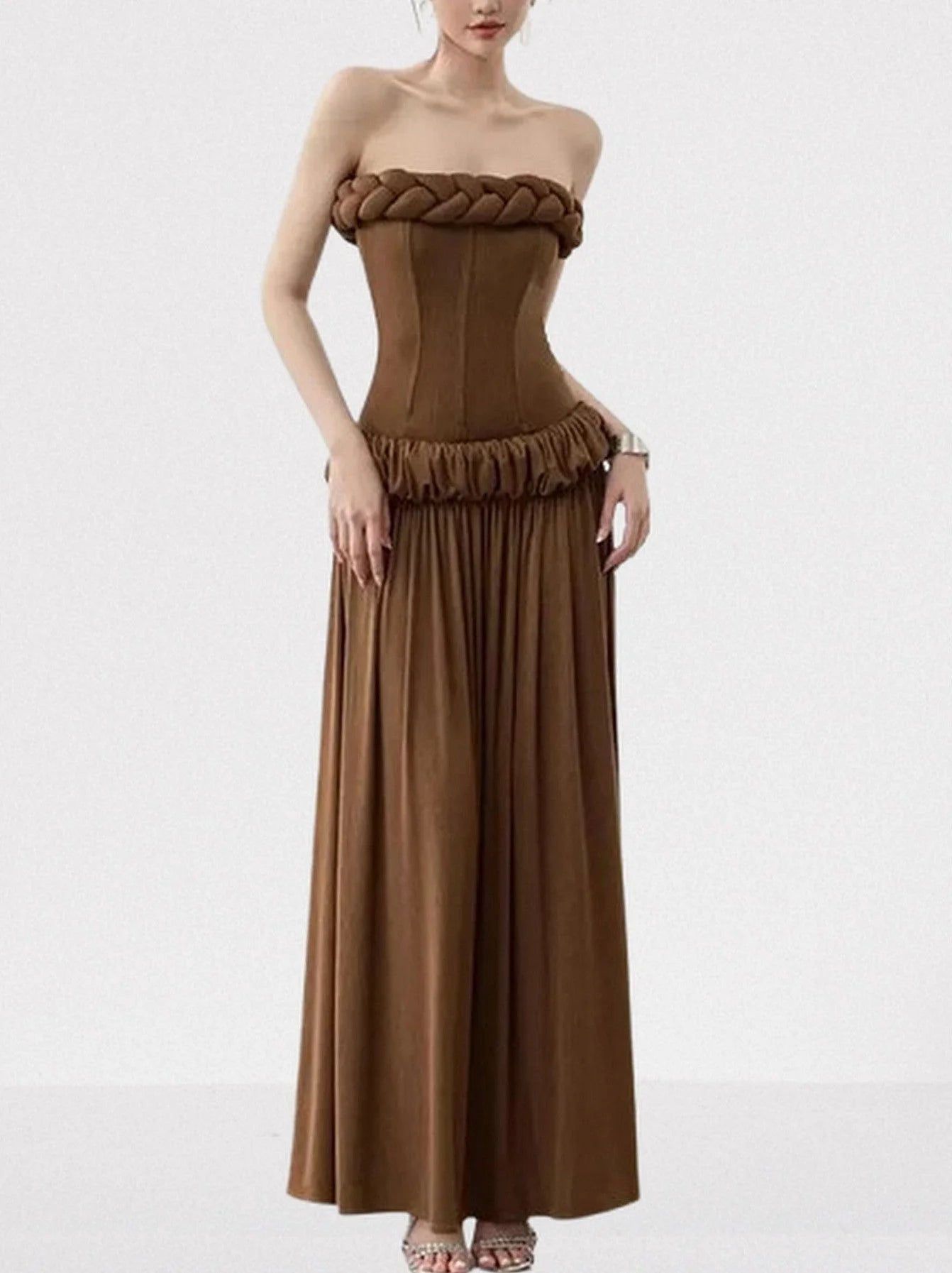 Strapless Braid Trim Corset Gown in Brown Small Dresses