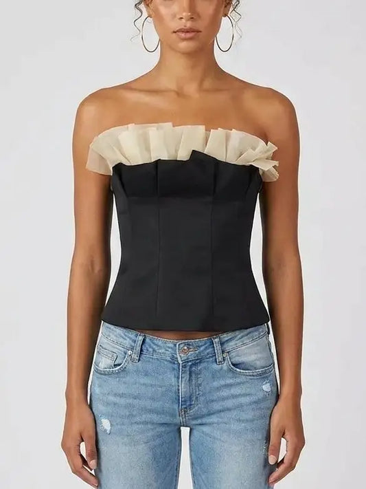 Strapless Corset Top with Tulle Ruffle Trim - Small - Tops