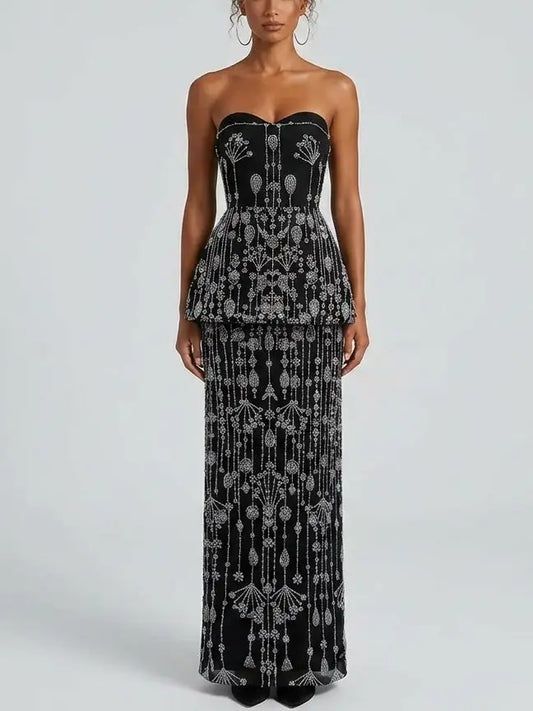 Strapless Crystal Beaded Peplum Top and Maxi Skirt Set - XS - Suits & Sets