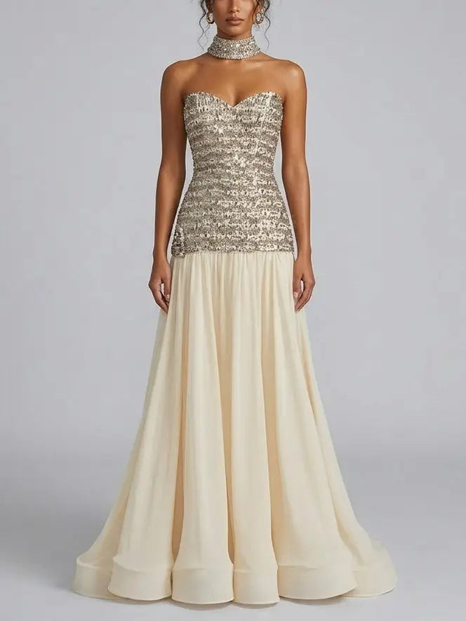 Strapless Crystal Corset Chiffon Evening Gown - XS - Dresses