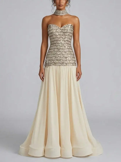Strapless Crystal Corset Chiffon Evening Gown - XS - Dresses