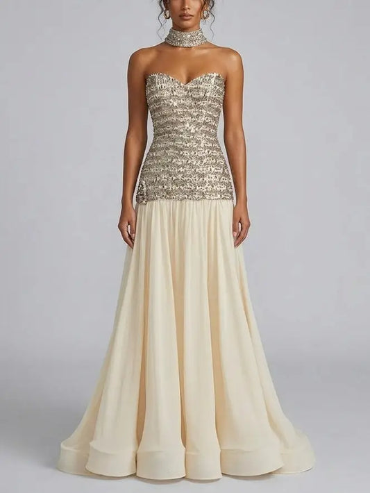 Strapless Crystal Corset Chiffon Evening Gown - XS - Dresses