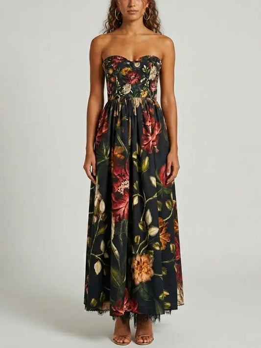 Strapless Fit and Flare Floral Maxi Dress with Lace Hem - S - Dresses