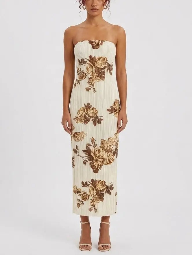 Strapless Floral Plissé Maxi Dress - Small - Dresses