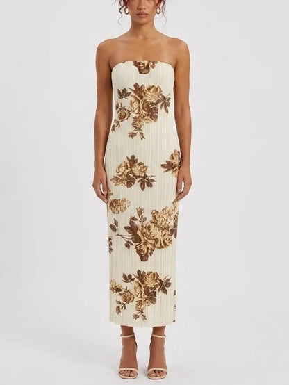 Strapless Floral Plissé Maxi Dress - Small - Dresses