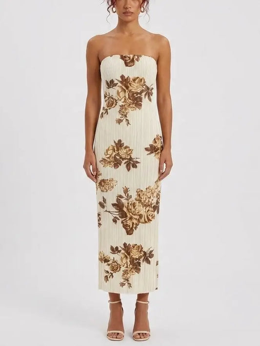 Strapless Floral Plissé Maxi Dress - Small - Dresses