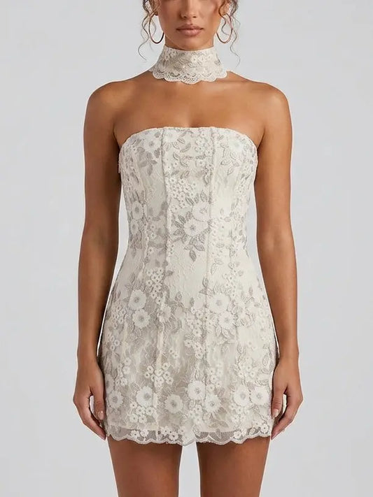 Strapless Lace Corset Mini Dress with Choker - Small - Dresses