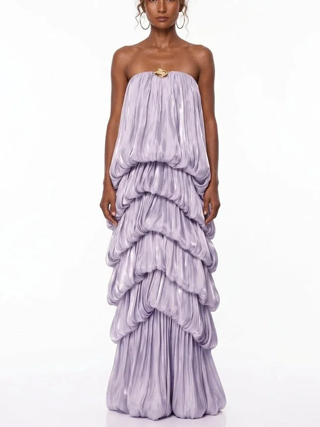Strapless Lilac Maxi Dress with Draped Tiers - S - Dresses